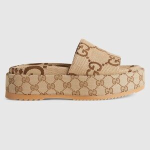 Gucci Authentic Macro GG Canvas Camel Ebony Platform Slide Sandal